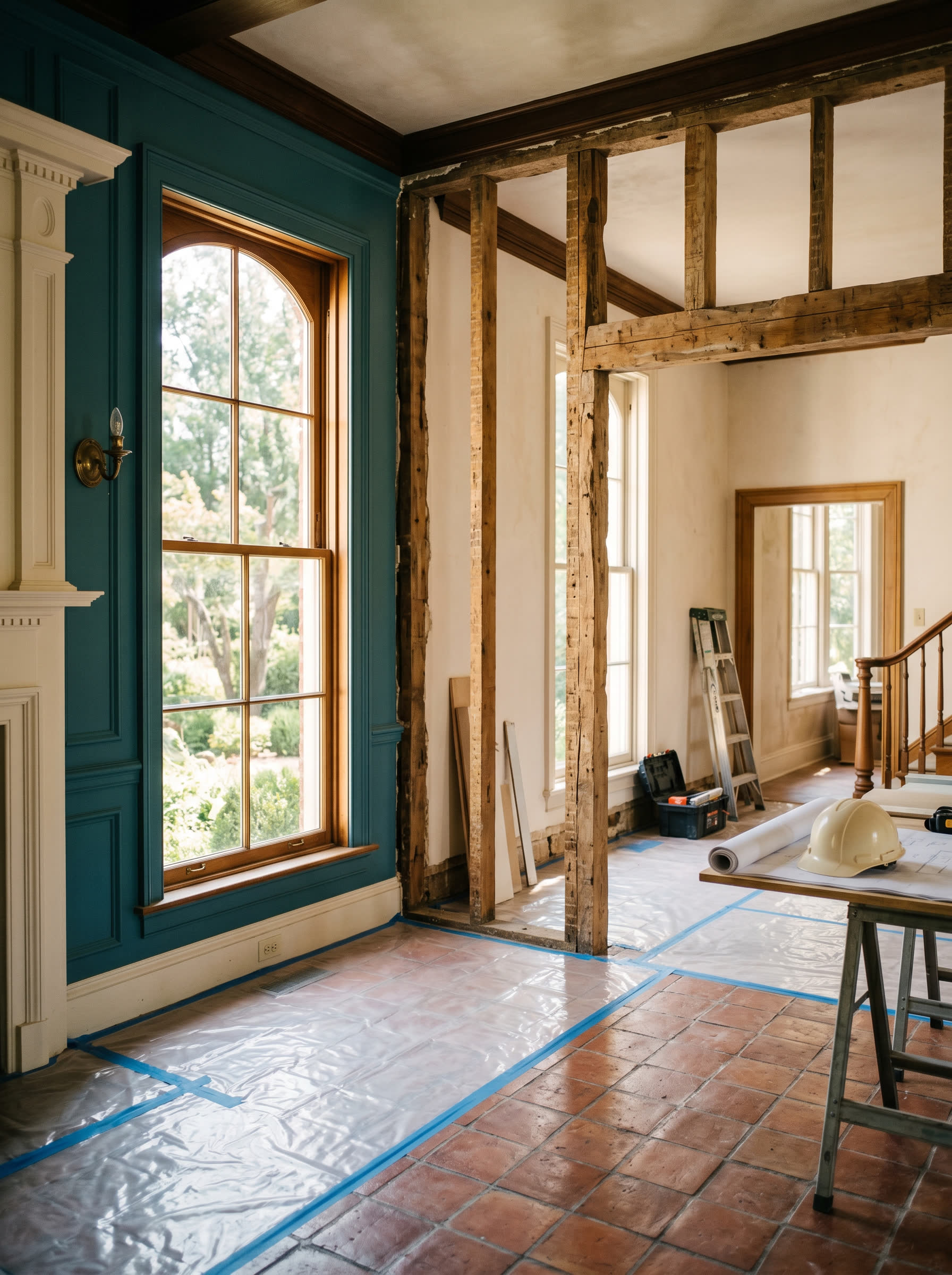 A warm interior of a historic home with natural materials, during inspection
