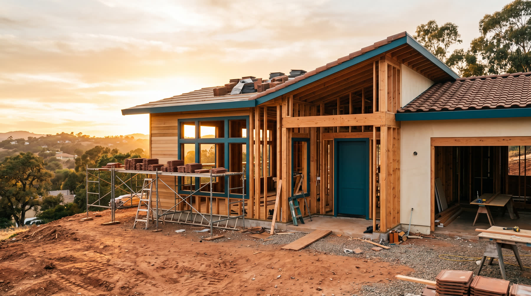 Custom home under construction at golden hour, framed timber and warm light
