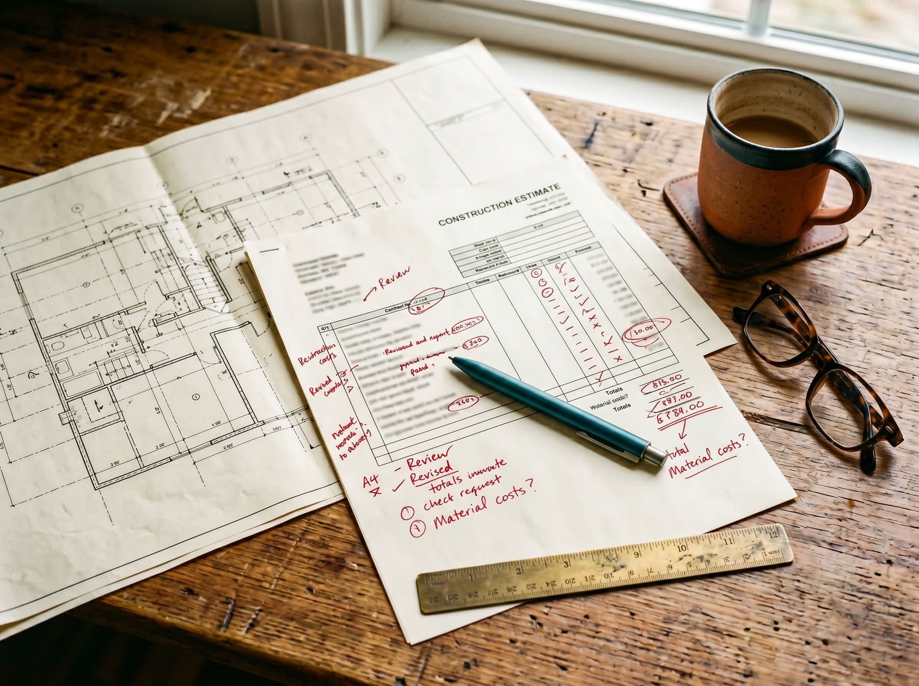 A builder reviewing architectural blueprints at a wooden table with warm natural light
